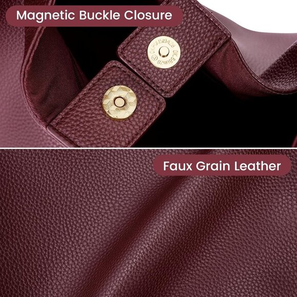 Slouchy Hobo Bag Vegan Leather Tote Bag for Women Burgundy Work Tote Bag College - Picture 3 of 6